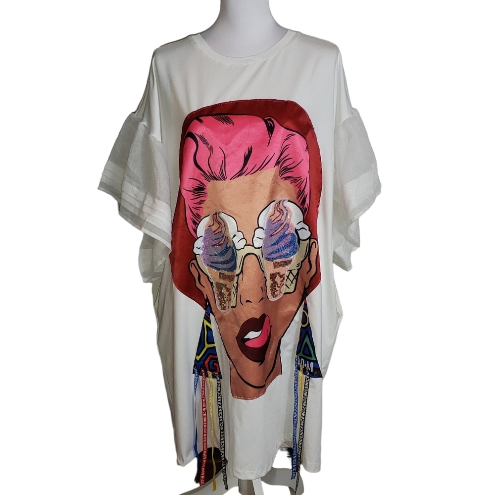Novelty Print Sequin T-Shirt Mini Dress Size 2X ? Ice Cream Tassels Bell Sleeve - Picture 2 of 14